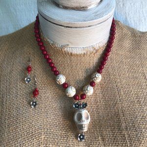 Handmade Necklace and Earring Set, skull, beads